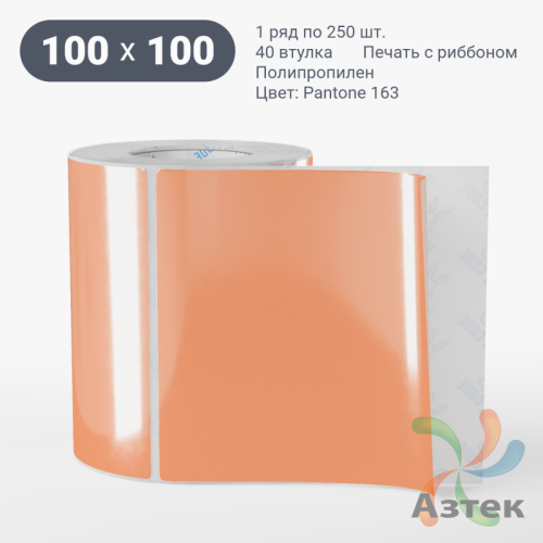 Этикетка 100х100 цветная (рядов 1 по 250 шт) полипропилен со съемным клеем, втулка 40 мм (к) цвет -  Pantone 163 C