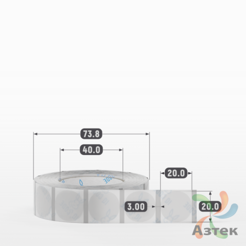 Этикетка самоклеящаяся с печатью + Черная метка/ КРУГ 20 мм (рядов 1 по 1 000 шт) Прозрачный полипропилен в рулоне, втулка 40 мм (к) IQ code