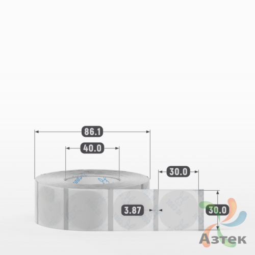 Этикетка самоклеящаяся с печатью + Черная метка/ КРУГ 30 мм (рядов 1 по 1 000 шт) Прозрачный полипропилен в рулоне, втулка 40 мм (к) IQ code