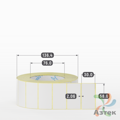 Термотрансферная этикетка 58х30 (рядов 1 по 2 200 шт) Полуглянец в рулоне, втулка 76 мм (к) IQ code