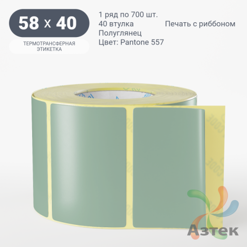 Этикетка 58х40 цветная (рядов 1 по 700 шт) полуглянцевая, втулка 40 мм (к) цвет -  Pantone 557 C 