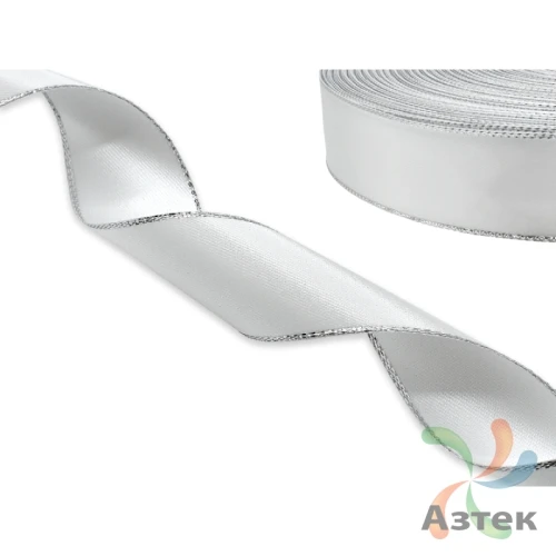 Атласная лента 20мм х 100м втулка 76 мм, цвет - белый с серебряной нитью